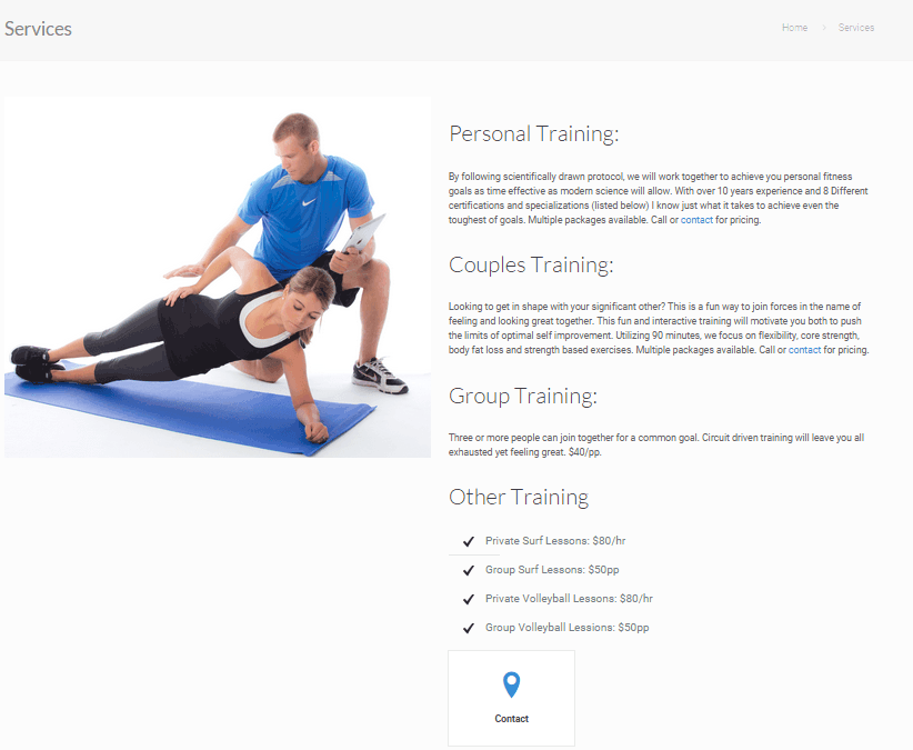 personal trainer services page example